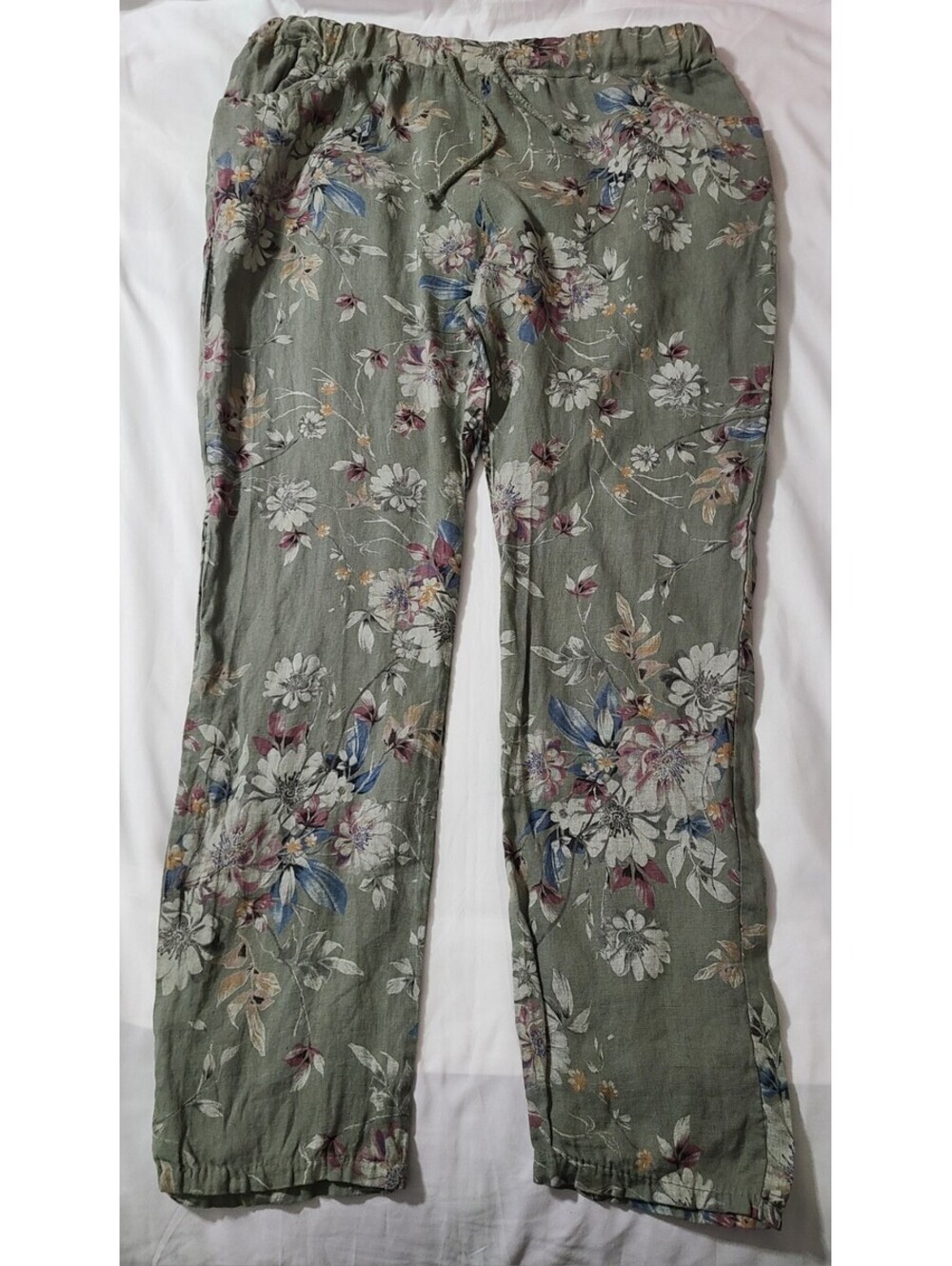 Nina Kendosa Paris Floral Linen Pants Women Size Large Green Made Italy Boho EUC